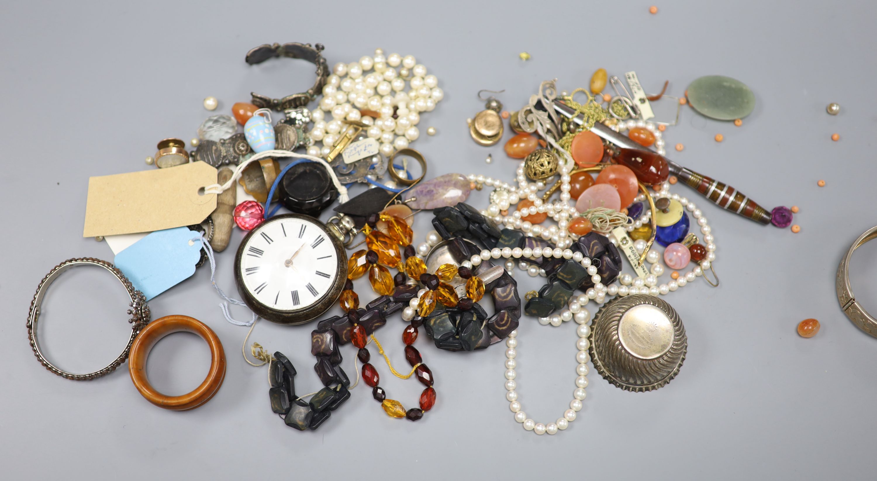 Mixed costume jewellery etc. including paste set giardinetto brooch, cut steel bangle, loose stones, silver pocket watch, etc.